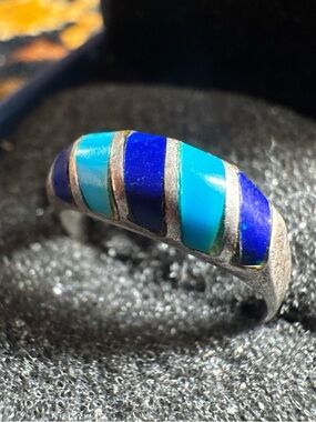 925 Sterling Silver Ring Turquoise Lapis
Inlay Band Southwest Style Size 6